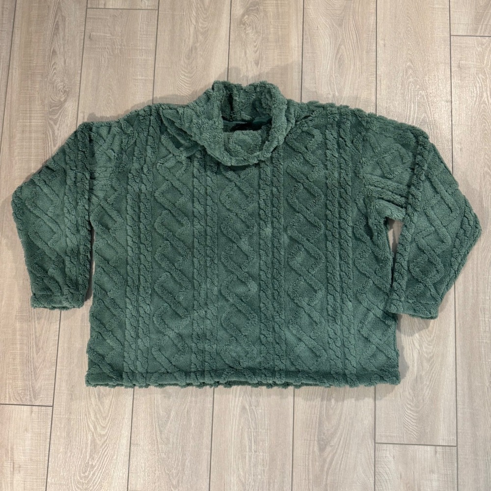 Eddie Bauer Pullover Women XXL Green Cable Fleece Cowl Neck Sweater